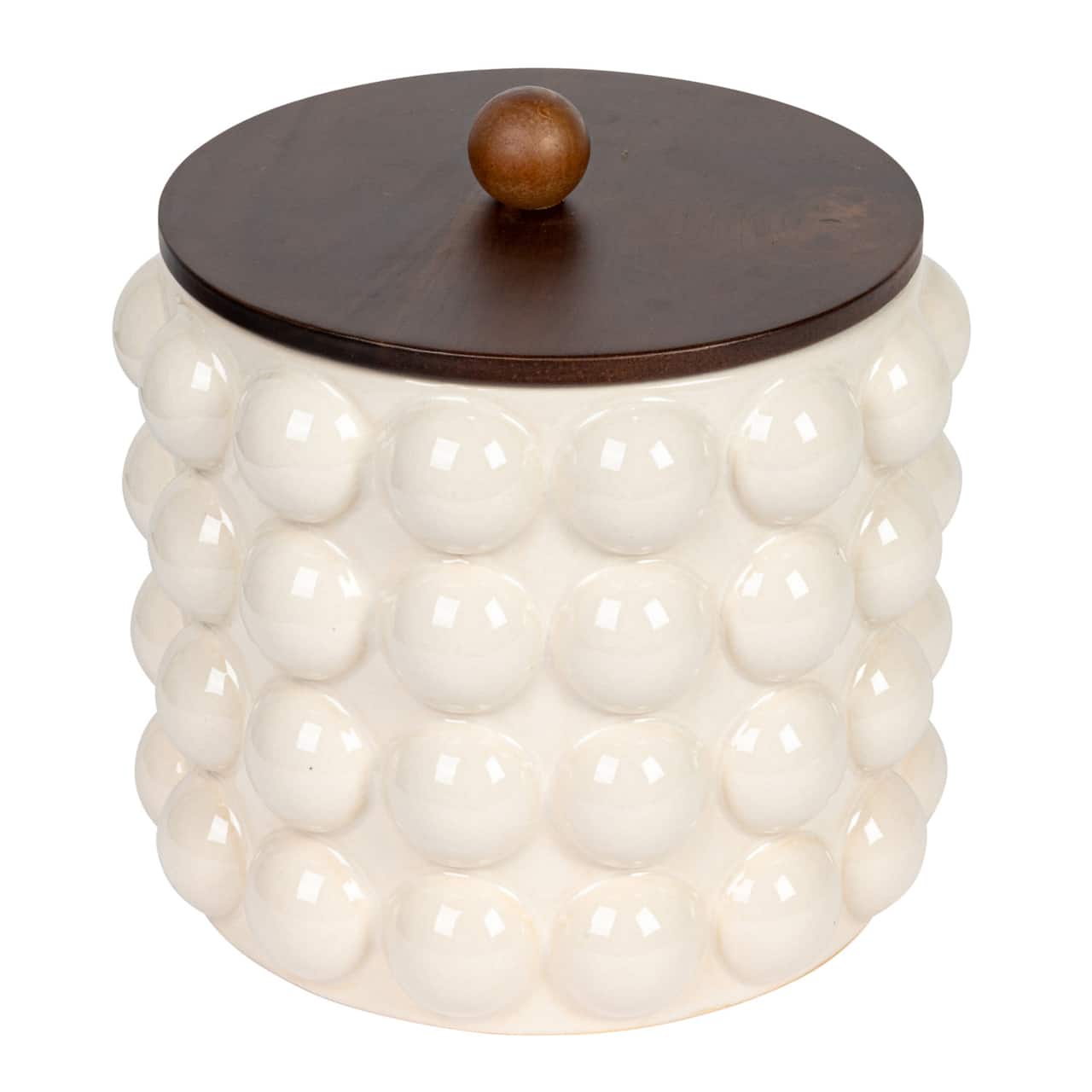Hello Honey® White Raised Dots Stoneware Canister with Acacia Wood Lid